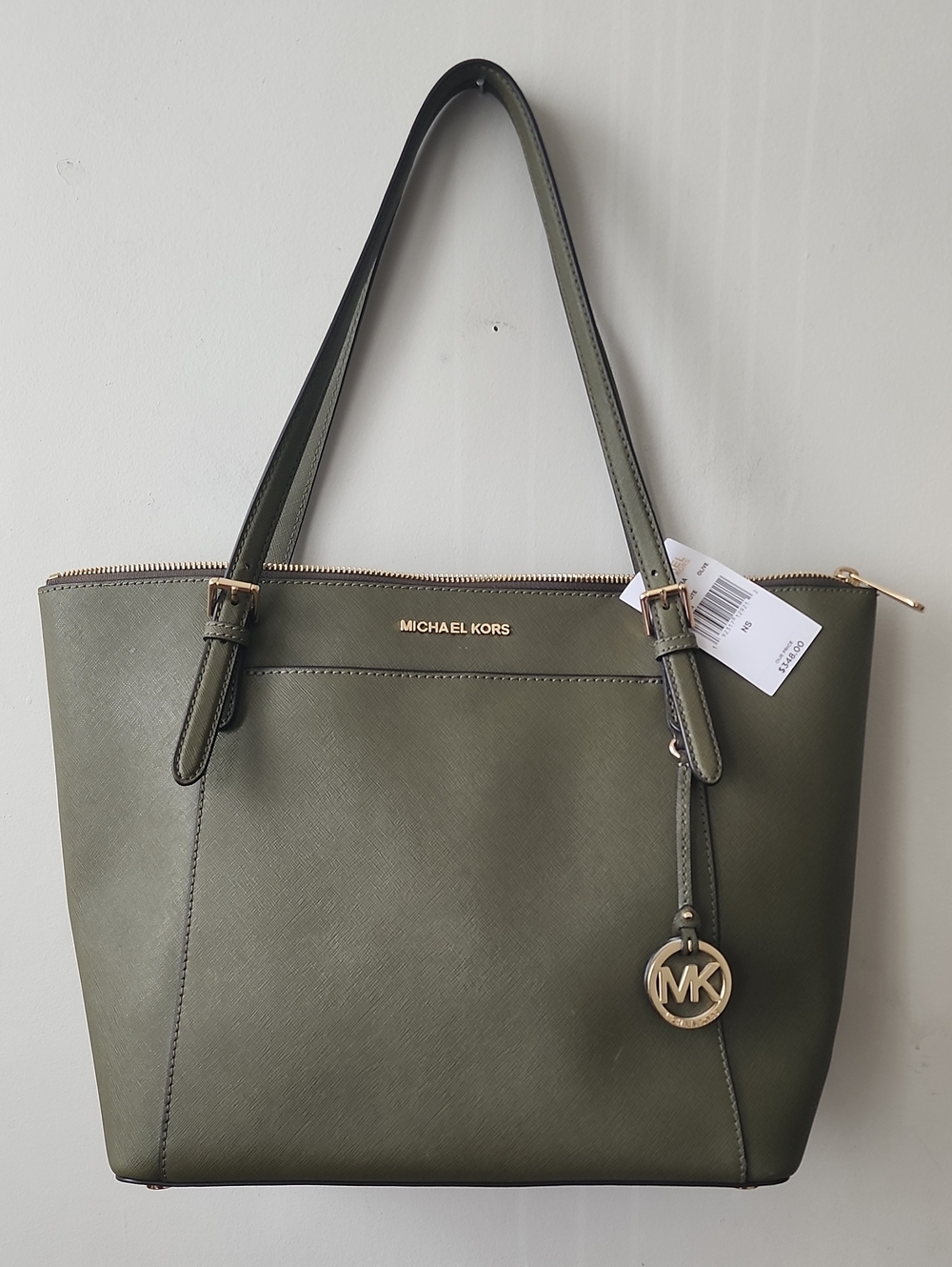 Michael Kors Olive Green Leather Zip-Top Tote with MK Charm
